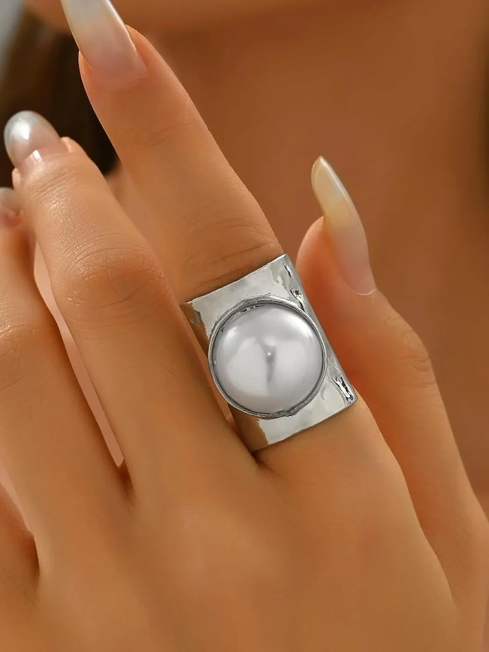 Silver Sculptural Ring with White Pearl